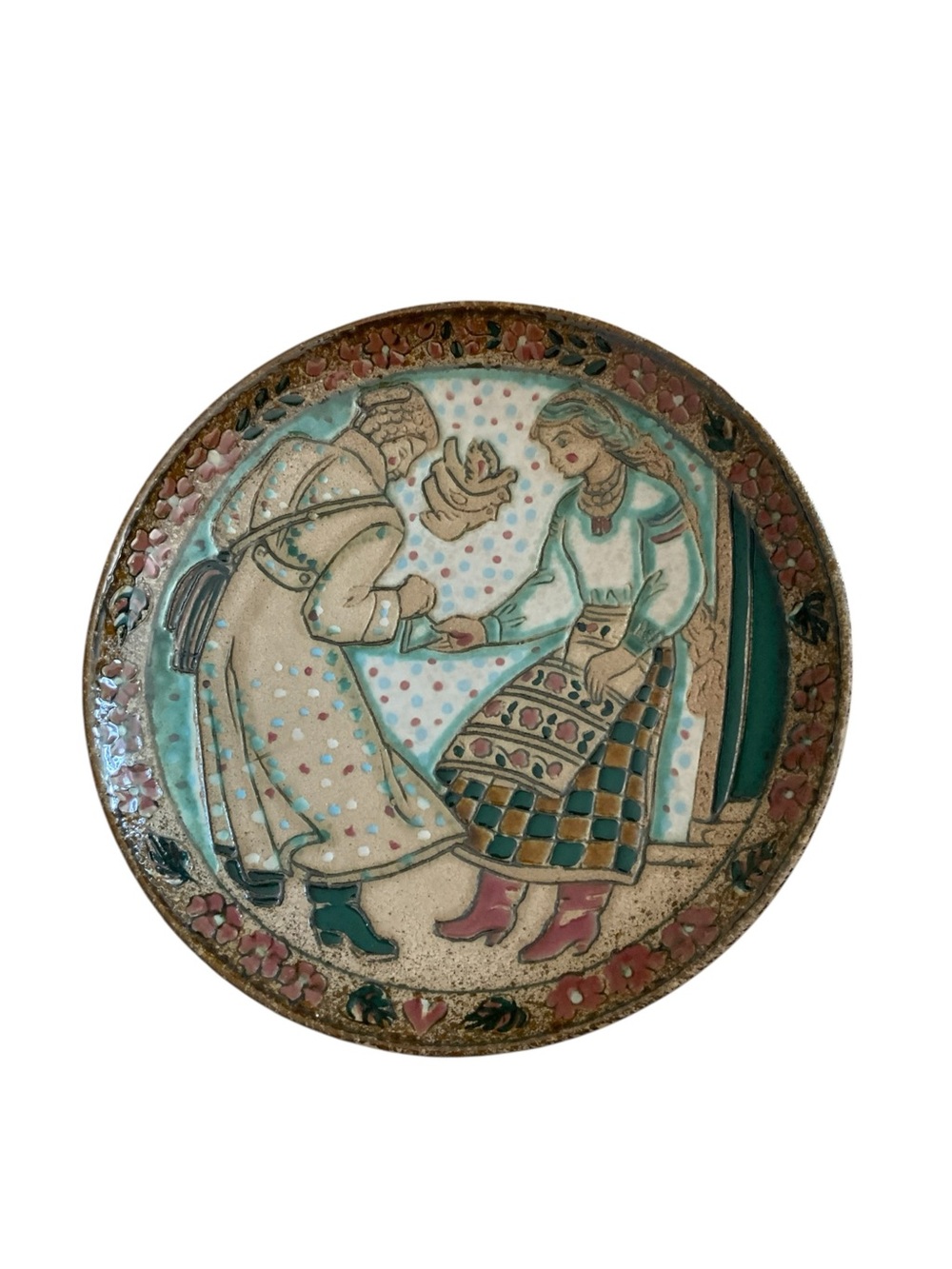 Vintage Hand-Painted Ceramic Pottery Folk Art Hanging Plate in Teal, Pink, Cream